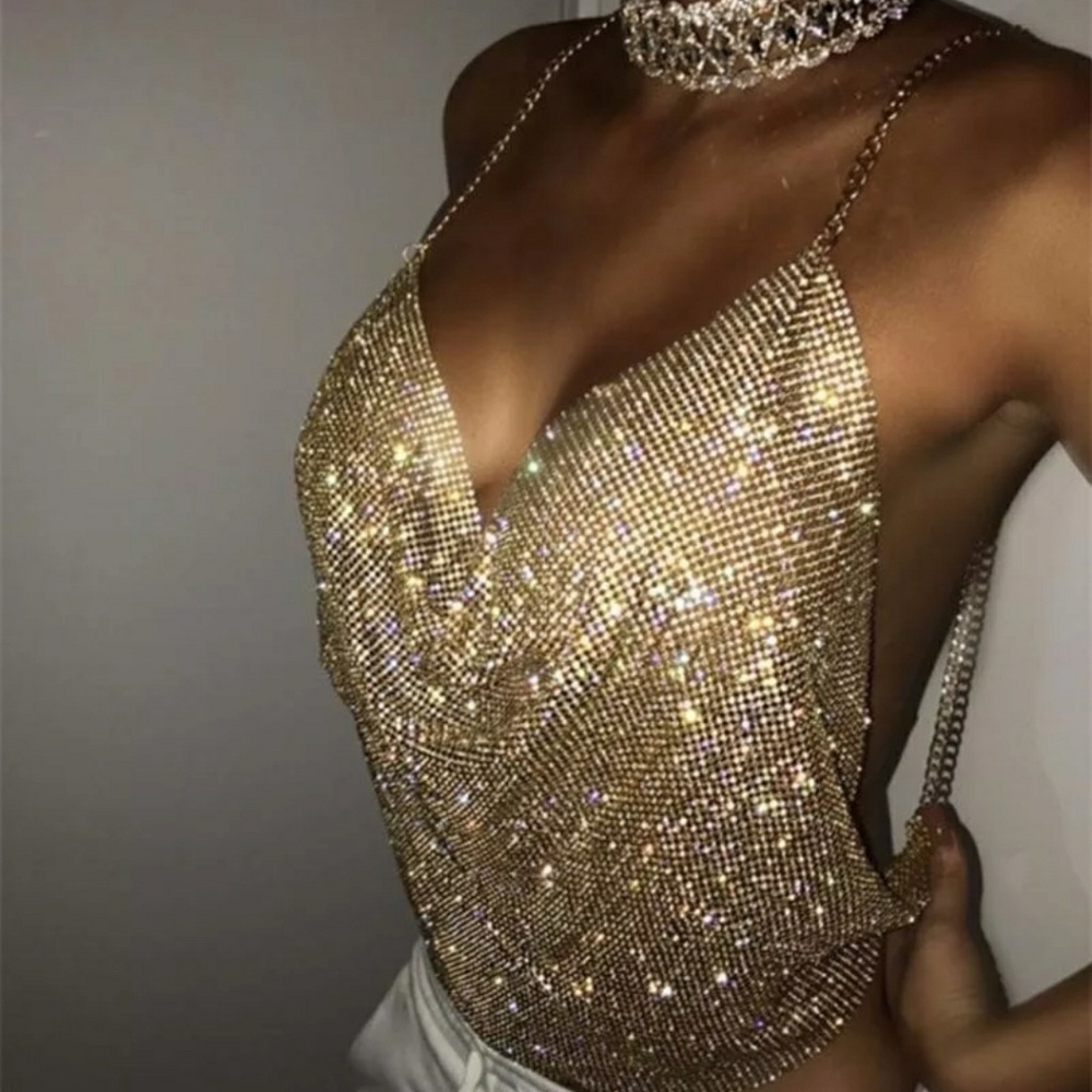 Draped Gold Metallic Halter Top | Sexy Clubwear - Picture 5 of 7